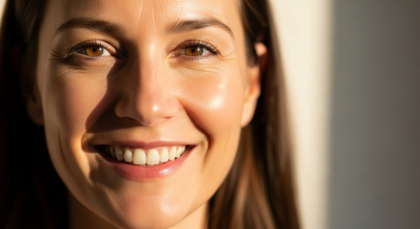 A woman with healthy, radiant, glowing skin smiling in soft natural light