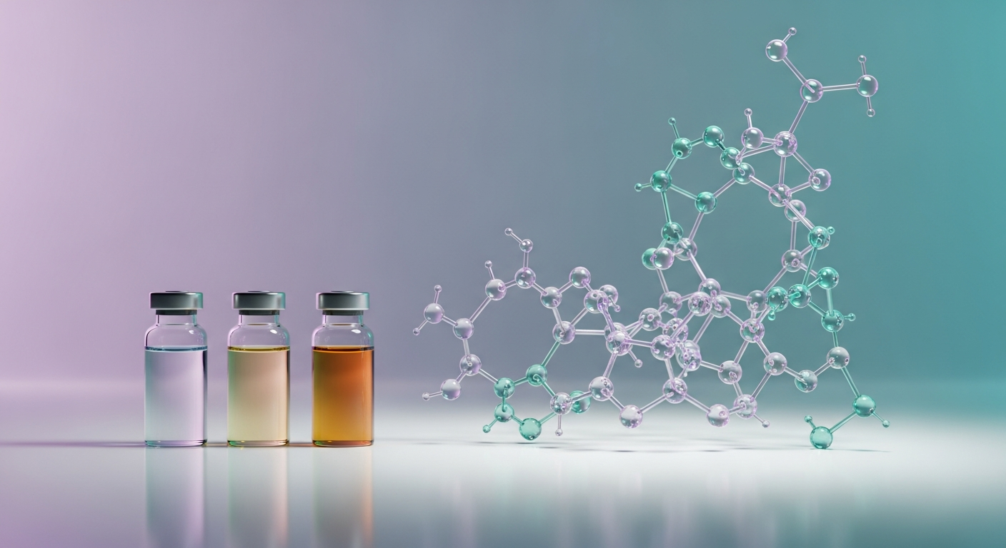 Row of small glass peptide vials beside abstract molecular chains representing the KLOW peptide blend