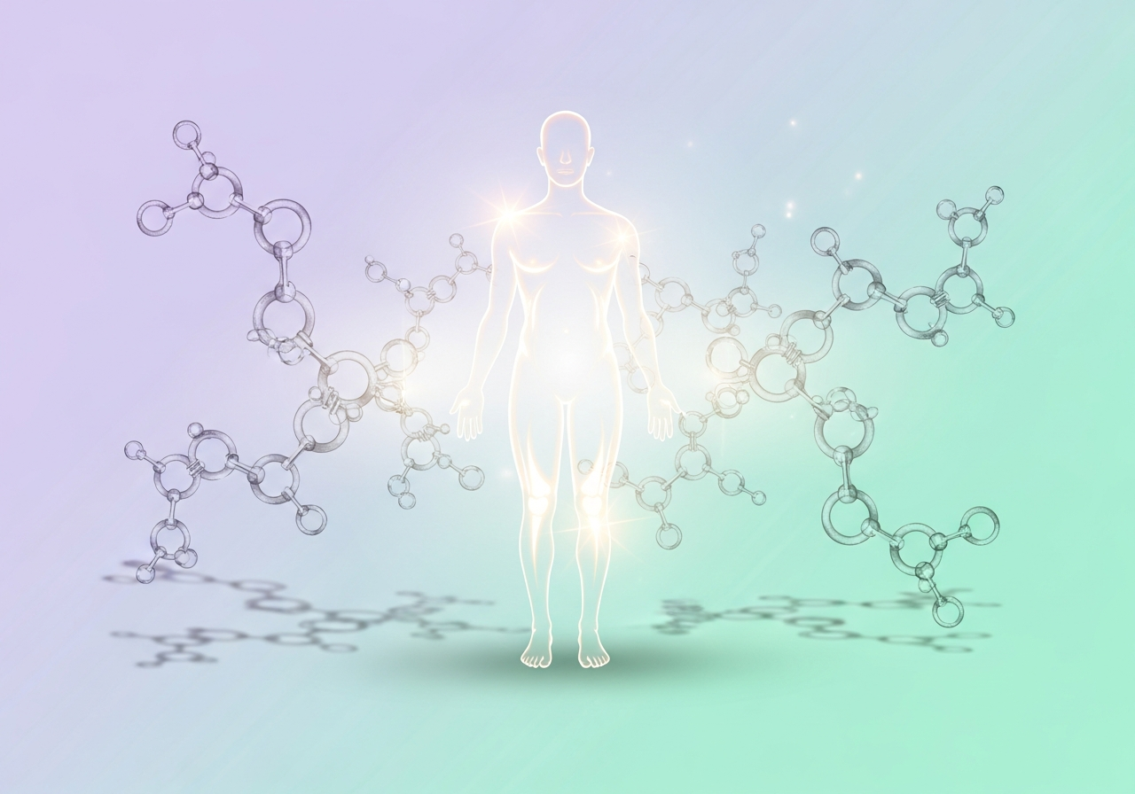 Conceptual illustration of skin and tissue recovery with a soft silhouette and molecular chains