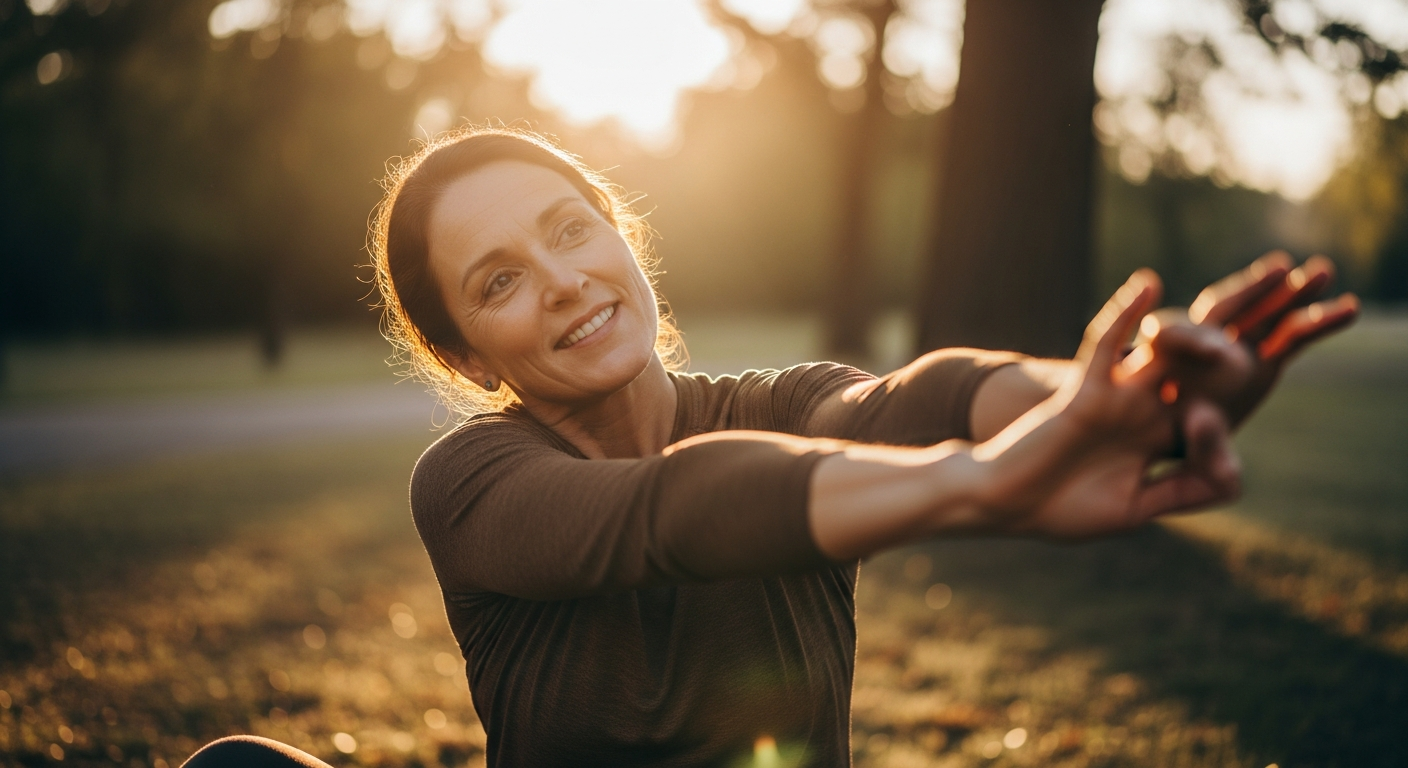 A fit middle-aged person stretching and recovering after exercise in soft morning light