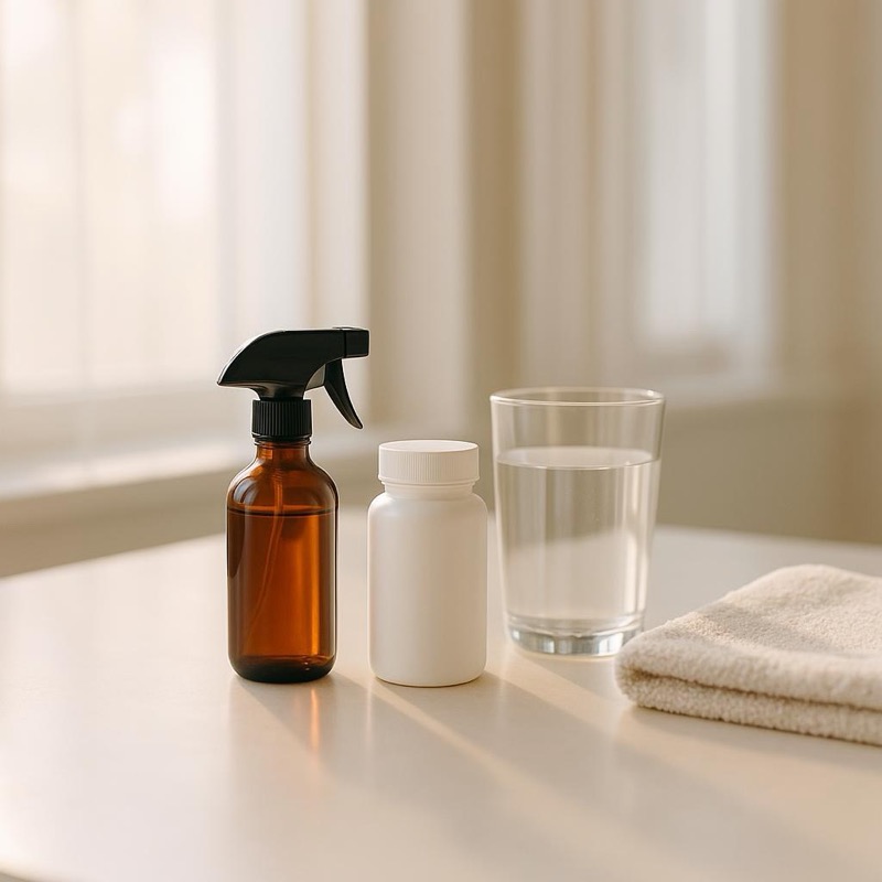Bathroom counter with a pill bottle, a spray bottle and a glass of water