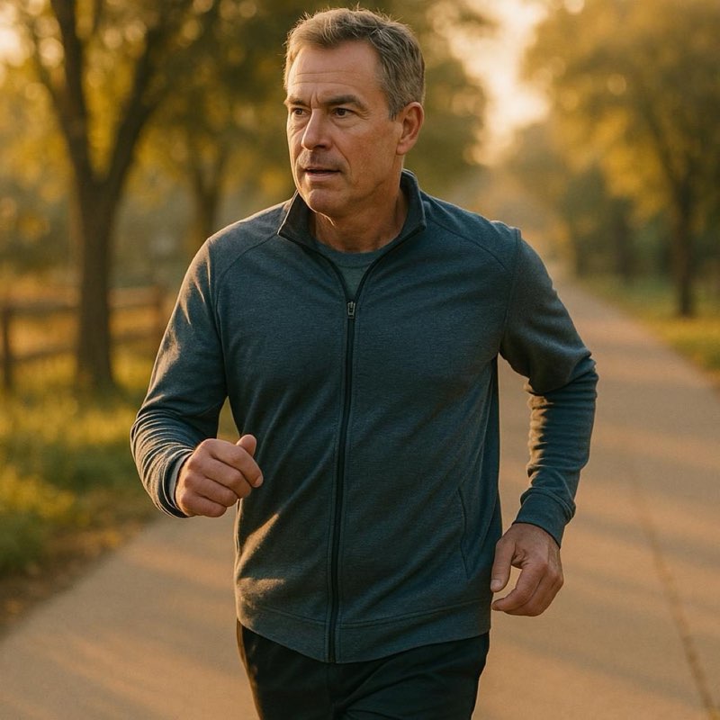 Middle-aged man jogging on a tree-lined path