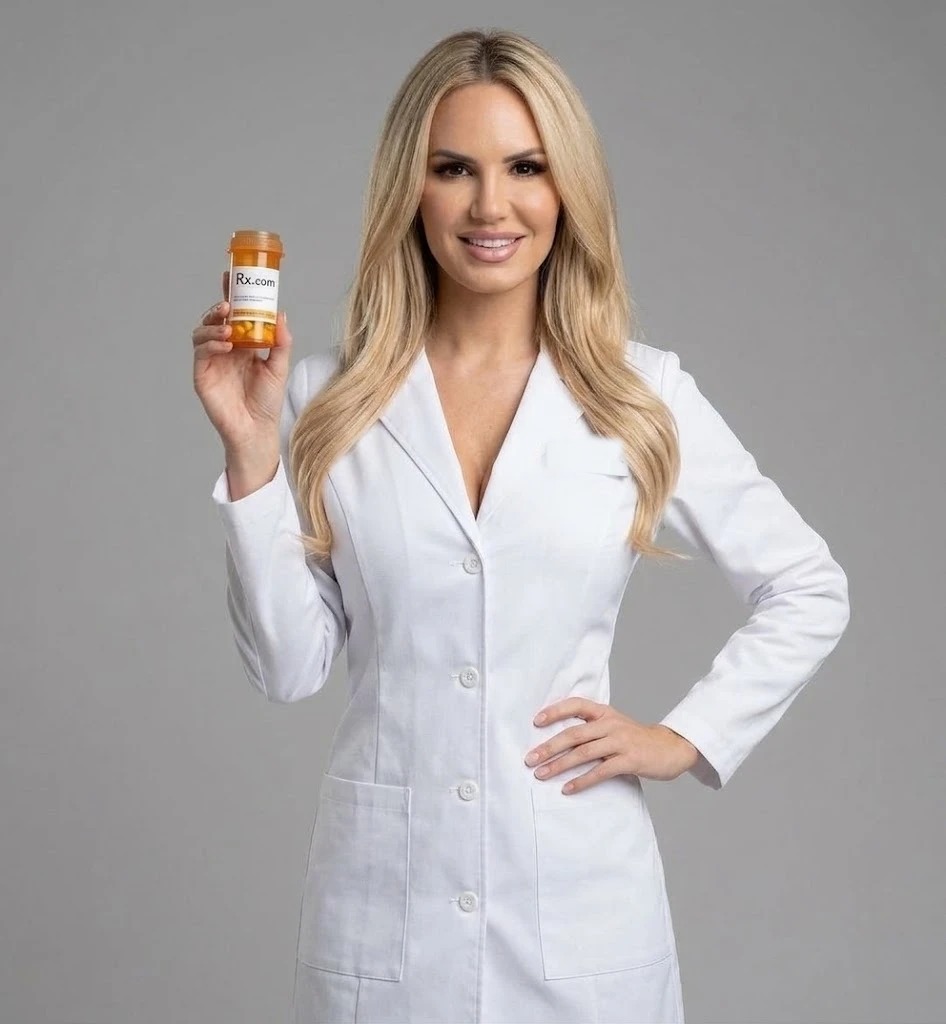 Pharmacist in a white coat holding an Rx.com prescription bottle
