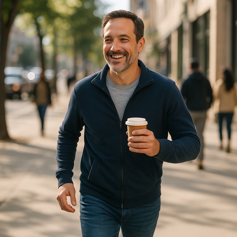 Man in his 40s walking briskly with a coffee on a sunny morning
