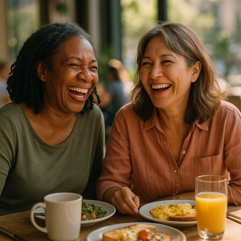 Two friends in their 40s laughing over brunch