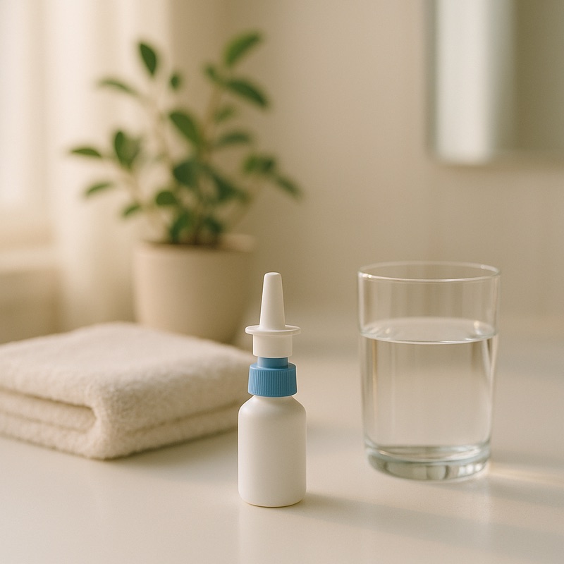Bright bathroom counter in the morning with a nasal spray bottle and a glass of water