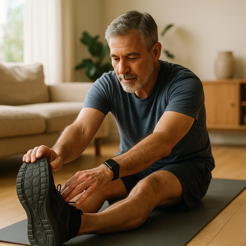Man in his 50s stretching after a home workout