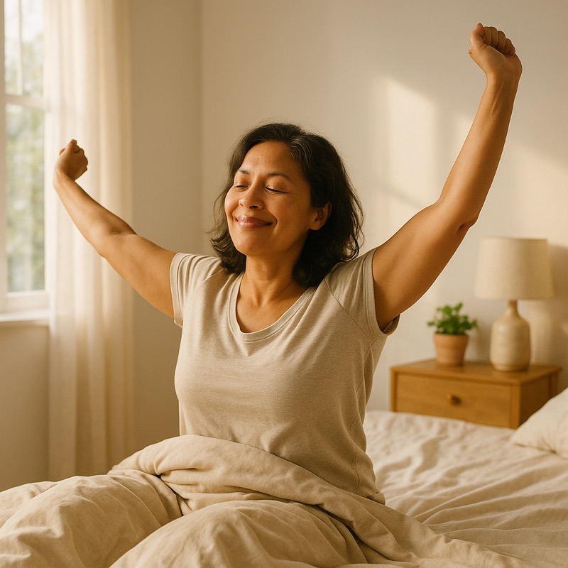 Woman waking up rested in a bright bedroom