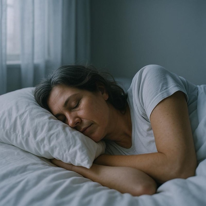 Woman sleeping peacefully in a calm bedroom at dawn
