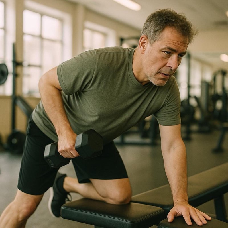 Man in his 50s doing a light dumbbell row at the gym